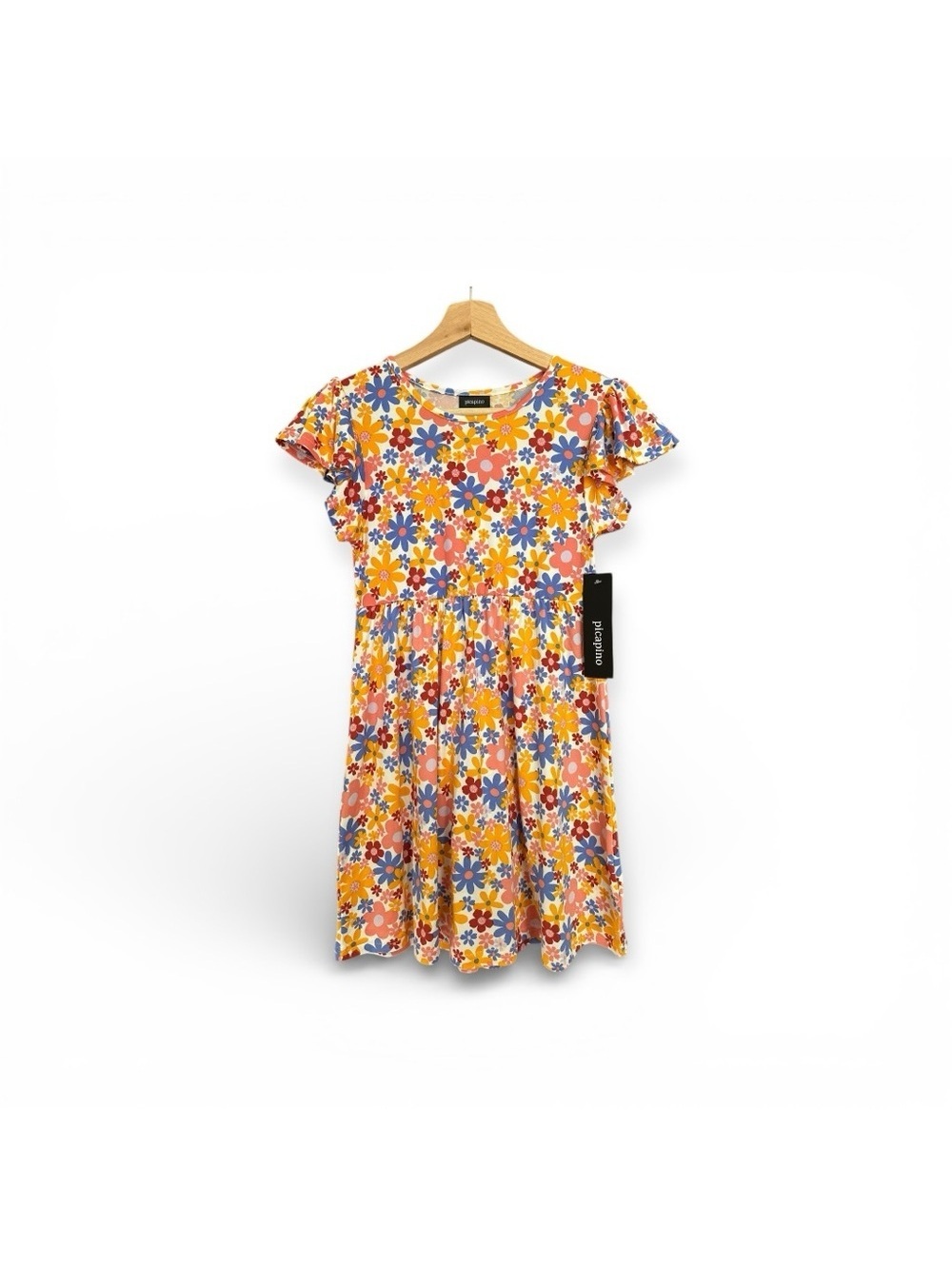 Picapino Chaps Floral Ruffle Sleeve Knit Dress - Yellow, Blue, Red Yellow Blue